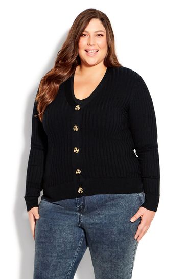 Avenue Ribbed Knit Button Black Cardigan