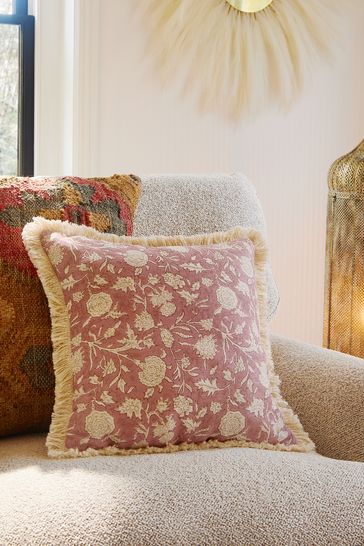 Rose Pink Floral Printed 43 x 43cm Fringe Cushion