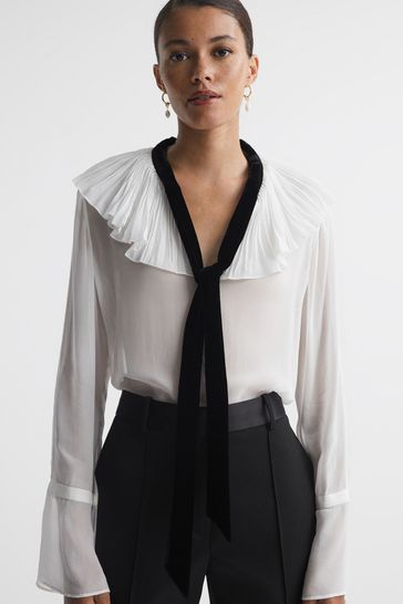 Reiss Cream/Black Azariah Sheer Ruffle Velvet Tie-Neck Blouse