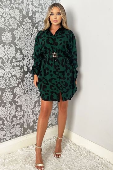 Green leopard 2025 print shirt dress