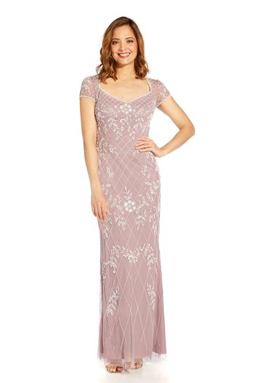 Adrianna Papell Pink Beaded Long Gown