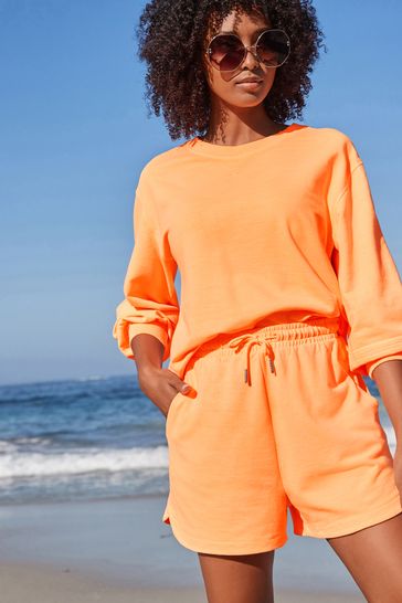 Fluro Orange 100% Cotton Side Split Drawstring Shorts
