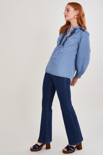Monsoon Blue Denim Embroidered Long Sleeve Top