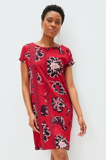 Red Print Relaxed Capped Sleeve Tunic Dress