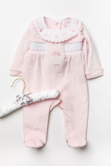 Rock A Bye Baby Boutique Pink Floral Detail Velour Sleepsuit