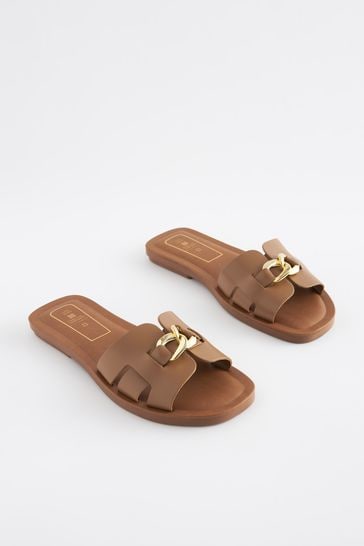 Tan Brown Extra Wide Fit Forever Comfort® Leather Chain Detail Mule Sandals