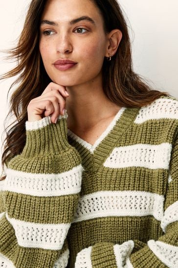 Green Stripe Cropped V Neck Jumper