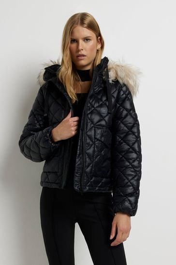 Buy River Island Fur Hood Black Padded Jacket from Next Luxembourg