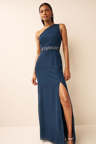 Anaya With Love Blue Petite One Shoulder Maxi Bridesmaid Dress With Embellished Waistband