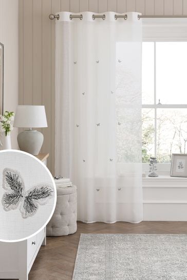 White Butterfly Embroidered Eyelet Unlined Sheer Panel Voile Curtain