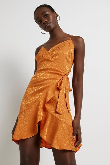 River Island Orange Wrap Slip Mini Dress