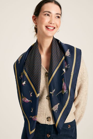 Joules Bloomfield Navy Pheasant Printed Silk Square Scarf