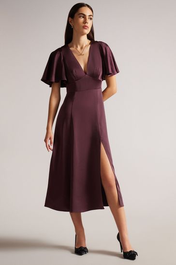 Ted Baker Purple Immie Satin Midi Dress With Cape Sleeve