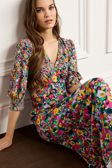 Multi Ditsy Print Short Sleeve V-Neck Midi Day Dress