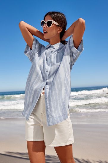 Buy Blue/White Stripe Short Sleeve Shirt With Linen from Next