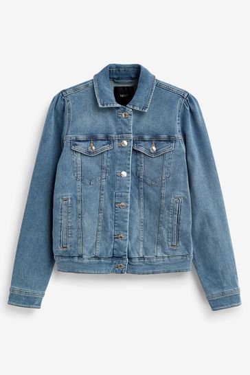 Mid blue puff shoulder denim hot sale jacket