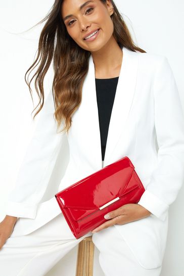 Red Patent Clutch Bag With Cross-Body Chain