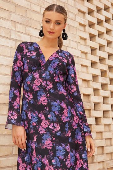 Chi Chi London Natural Long Sleeve V-Neck Floral Midi Dress