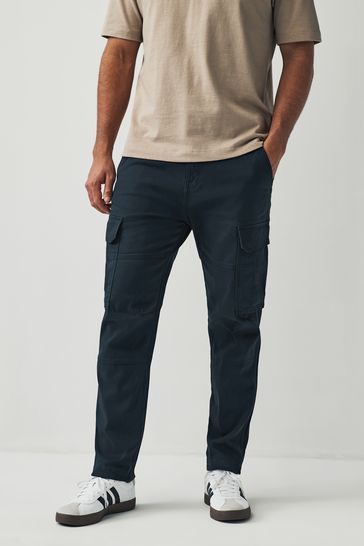 Navy Blue Slim Fit Cotton Stretch Cargo Trousers