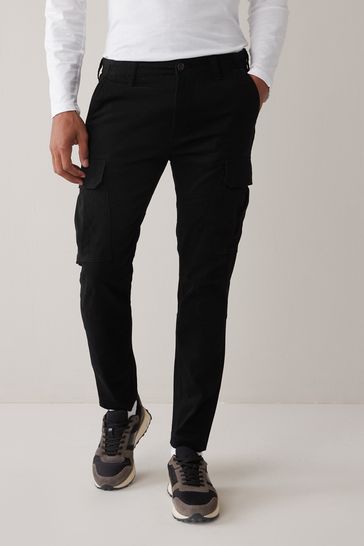 Black Slim Fit Cotton Stretch Cargo Trousers