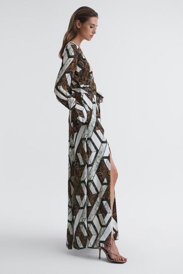Reiss Brown Loren Snake Print Plunge Maxi Dress