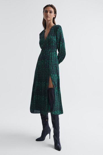 Buy Reiss Teal Greta Long Sleeve Printed Midi Dress from Next Ireland