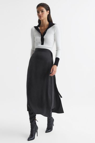 High waisted hot sale black silk skirt