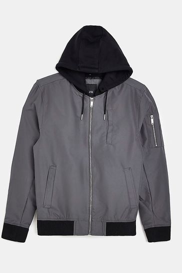 River Island Grey Chunky Rib Hooded Bomber Jacket