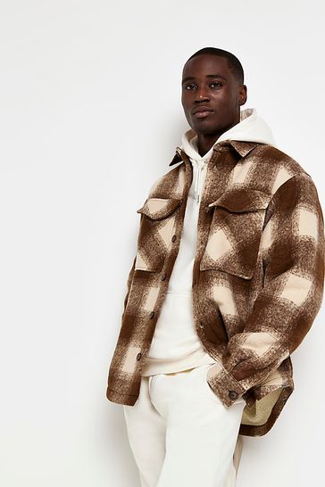 Buy River Island Brown Long Sleeve Borg Lined Check Shacket from Next Denmark