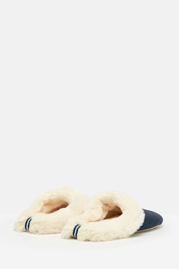 Buy Joules Slippet Luxe Blue Faux Fur Lined Embroidered Mule