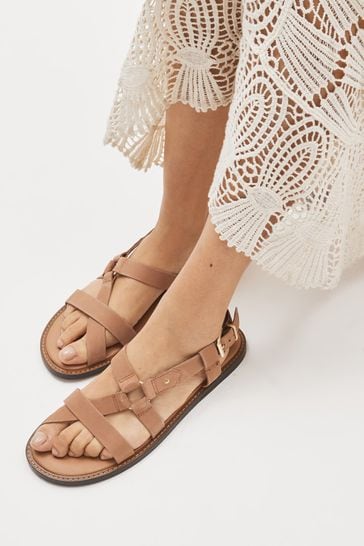 Tan Brown Forever Comfort® Leather Asymmetrical Flat Sandals