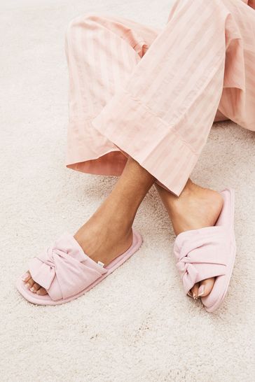 Pink Linen Bow Slider Slippers