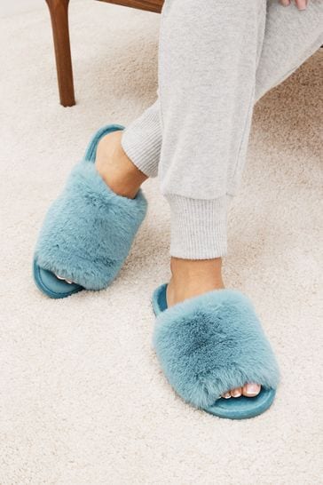 Blue Faux Fur Slider Slippers