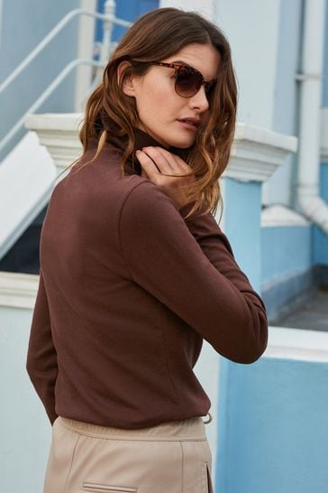 Buy Chocolate Brown Long Sleeve Ribbed Roll Neck Top from Next Belgium