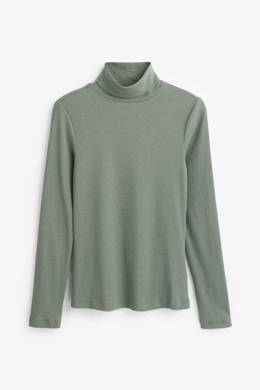 Buy Khaki Green Long Sleeve Ribbed Roll Neck Top from Next Luxembourg