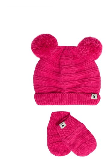 Joules Pink Pom Knitted Hat And Glove Set