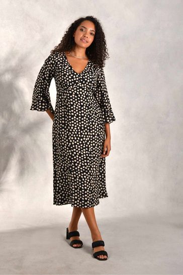 Live Unlimited Curve Black Spot Woven Flute Sleeve Dress