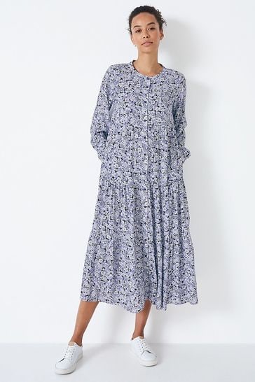 Crew Clothing Company Blue Floral Print Flared Dress
