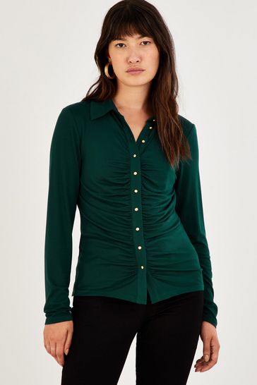 Monsoon Green Button Through Ruched Jersey Shirt