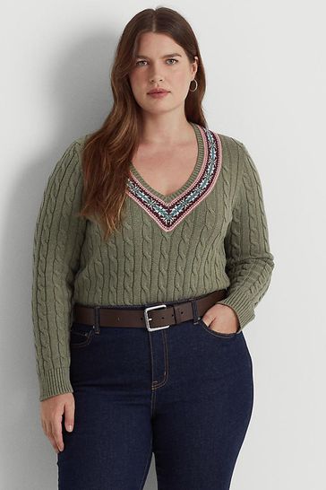 Lauren Ralph Lauren Curve Khaki Green Meren V-Neck Jumper