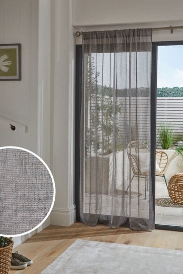 Grey Linen Look Voile Slot Top Sheer Panel Curtain