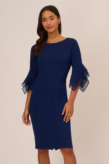 Adrianna Papell Blue Knit Crepe Tiered Sleeve Dress