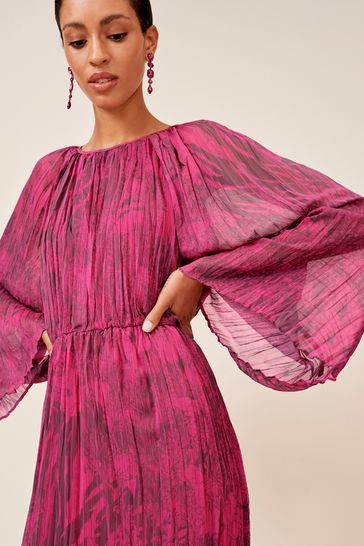 Pink floral pleated midi dress top