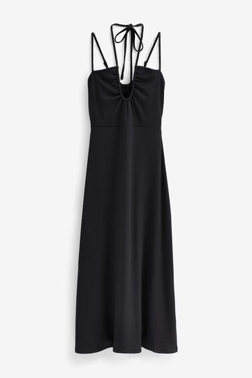 Buy Black Ribbed Strappy Midi Halter Summer Dress from Next Luxembourg