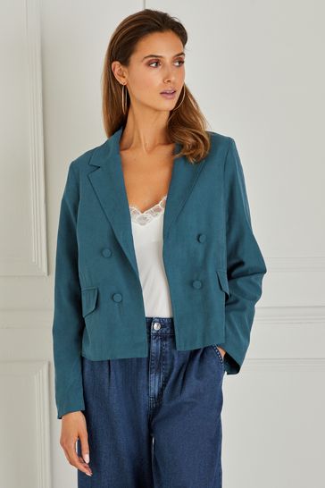 Teal Blue Relaxed Fit Double Breasted Cropped Blazer
