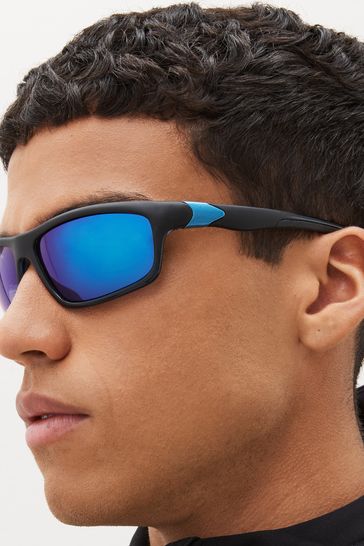 Black/Blue Wrap Polarised Sunglasses