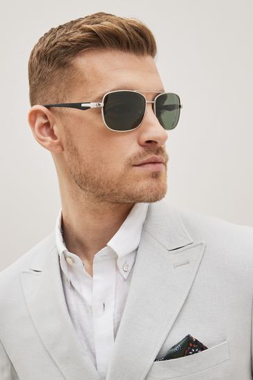 Silver Square Pilot Polarised Sunglasses