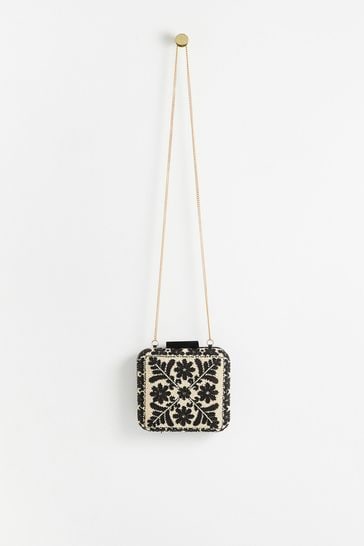 Oliver Bonas Black 60s Beaded Floral Clutch Bag