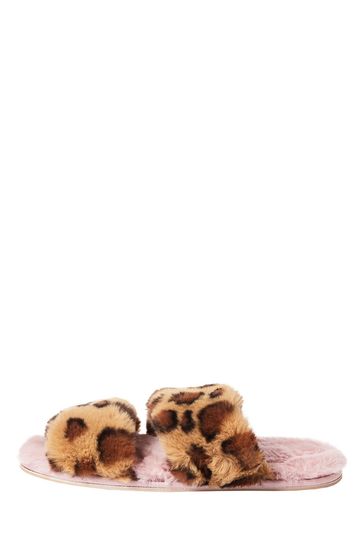 Oliver Bonas Pink Double Strap Animal Print Slippers
