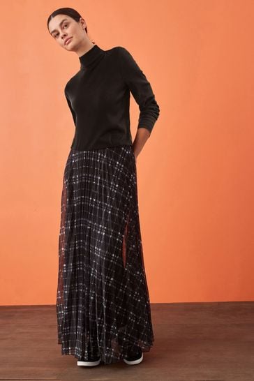 Charcoal Grey Checked Pleated Mesh Maxi Skirt